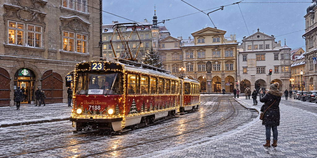Vánoční tramvaj v centru Prahy – tip na výlet z Chaty Lucie pod Řípem